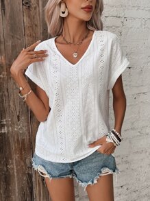 SHEIN Frenchy Áo thun nữ Tranh thêu màu trơn Giải trí - trắng - Xem 4