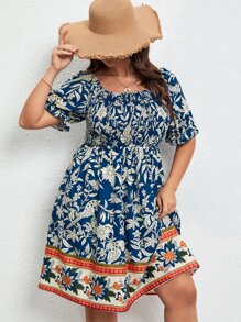 SHEIN LUNE Plus Floral Print Square Neck Puff Sleeve Dress - Blue - View 2