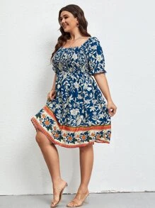 SHEIN LUNE Plus Floral Print Square Neck Puff Sleeve Dress - Blue - View 3