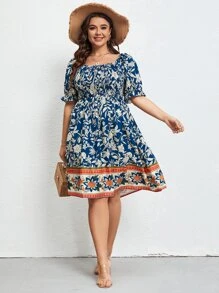SHEIN LUNE Plus Floral Print Square Neck Puff Sleeve Dress - Blue - View 5