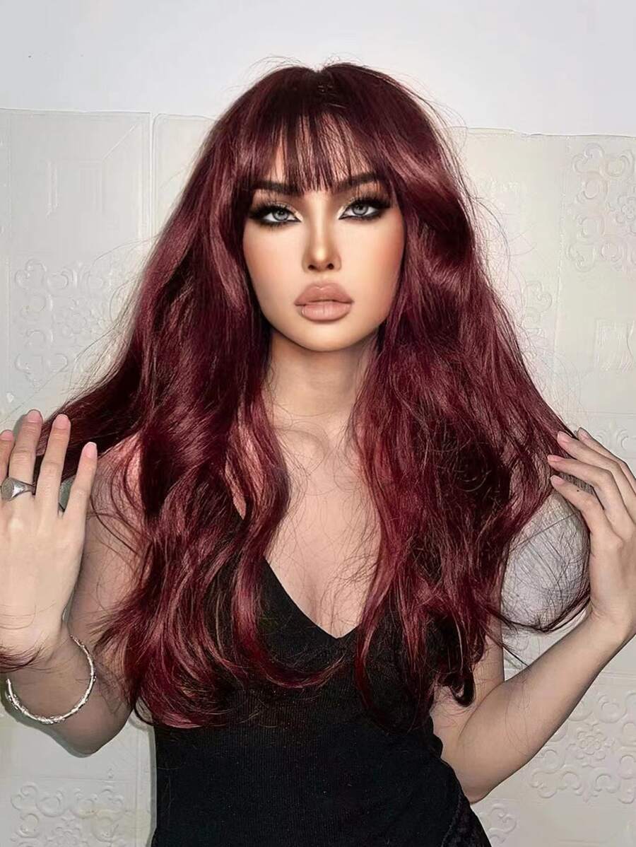 1 peluca roja larga y rizada de fibra sintética resistente al calor, postizo de 28 pulgadas de largo, natural y realista para uso diario - Burdeos - Ver 1