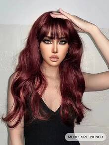 1 peluca roja larga y rizada de fibra sintética resistente al calor, postizo de 28 pulgadas de largo, natural y realista para uso diario - Burdeos - Ver 2