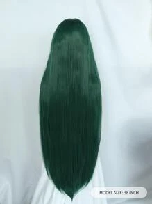 Peluca de disfraz de anime con flequillo inclinado, recta sedosa, extralarga, verde oscuro, pelo de fibra sintética sin pegamento resistente al calor, peluca de cosplay de alta densidad con flequillo, escuela, Halloween, Día de Acción de Gracias, Navidad, accesorios para disfraces y 1 gorro de peluca - Verde - Ver 2