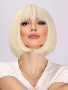 Short Straight Synthetic Wig With Bangs - Gold - View 4