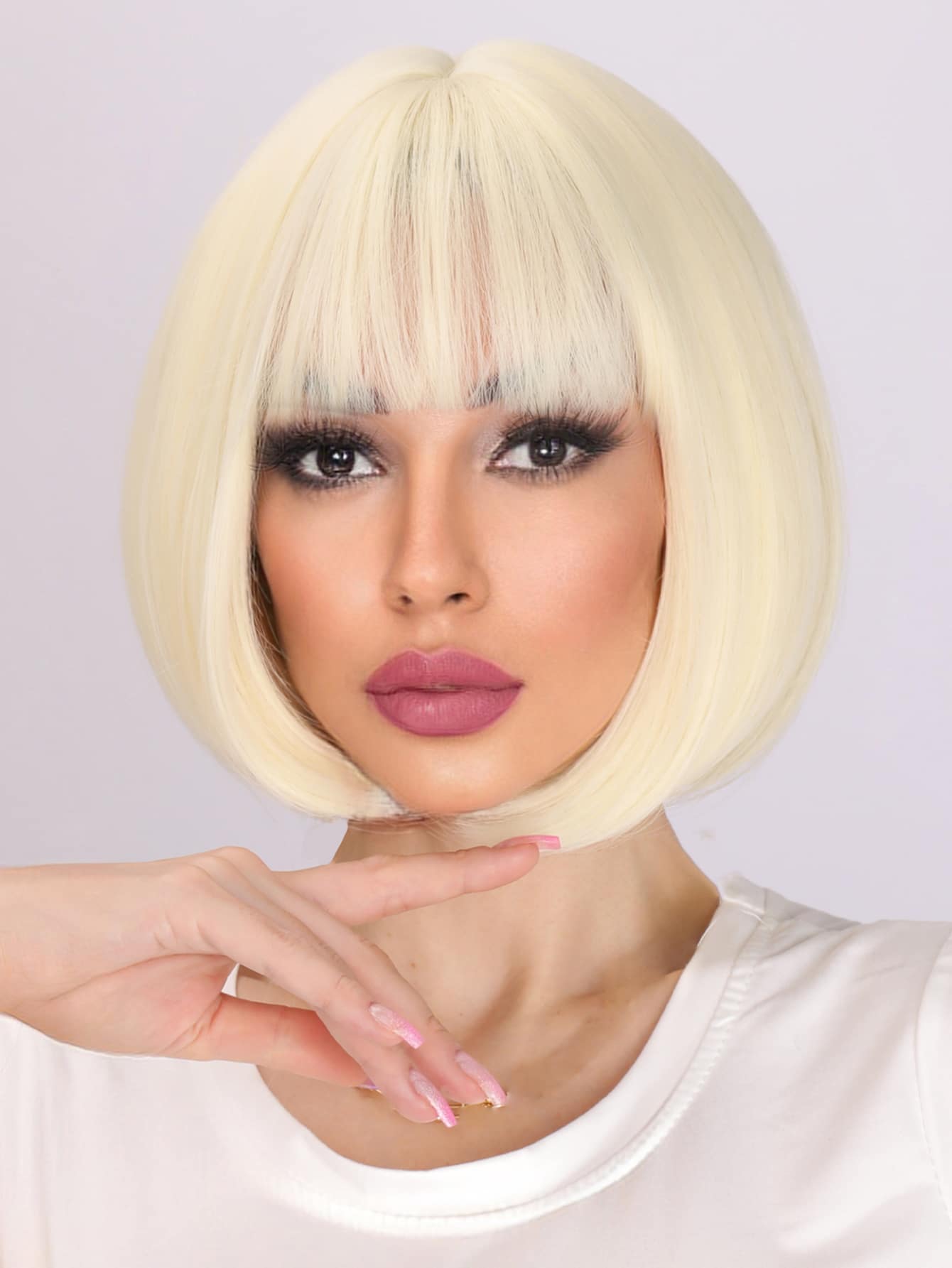Short Straight Synthetic Wig With Bangs - Gold - View 1