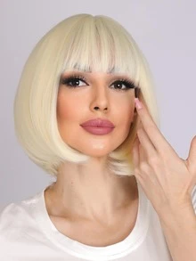 Short Straight Synthetic Wig With Bangs - Gold - View 6