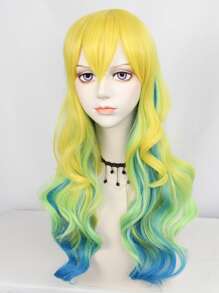Peluca de pelo sintético de 24 pulgadas de largo, arcoíris, ondulado, con flequillo, para adultos, multicolor, para disfraces, disfraces de Halloween, accesorios de fiesta, pelo de fibra resistente al calor sin pegamento, de alta densidad, aspecto natural, anime, cómic, dibujos animados, disfraz, degradado, amarillo, verde, azul, peluca de cosplay para regalos de vacaciones y 1 gorro de peluca. - Multicolor - Ver 3