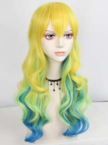 Peluca de pelo sintético de 24 pulgadas de largo, arcoíris, ondulado, con flequillo, para adultos, multicolor, para disfraces, disfraces de Halloween, accesorios de fiesta, pelo de fibra resistente al calor sin pegamento, de alta densidad, aspecto natural, anime, cómic, dibujos animados, disfraz, degradado, amarillo, verde, azul, peluca de cosplay para regalos de vacaciones y 1 gorro de peluca. - Multicolor - Ver 5