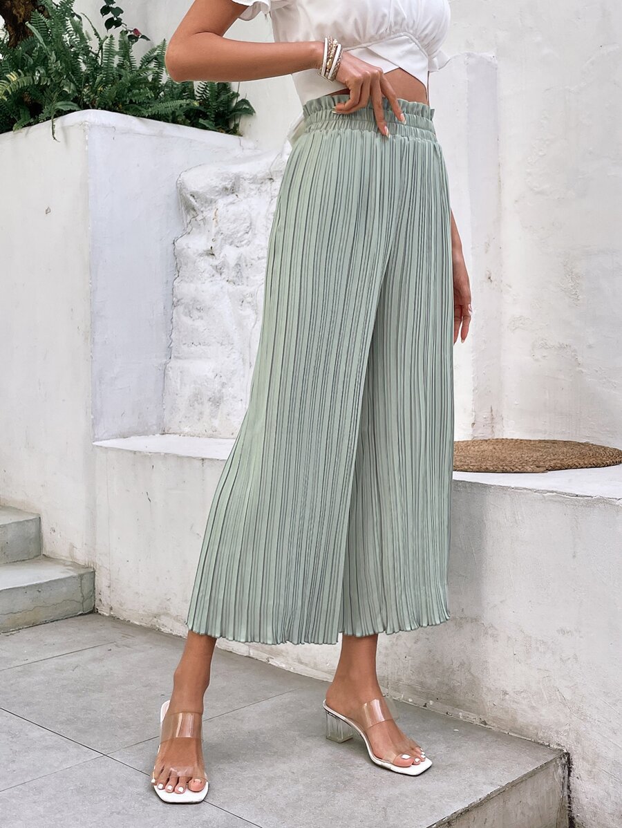 SHEIN Frenchy Women's Pleated Paper Bag Waist Allover Print Pants, Casual Holiday Long Trousers,Back To School Outfits,Fall Outfits,Office Wear,Commute,Minimalist,Old Money,Simple,Teacher Pants Winter Green - Mint Green - View 1
