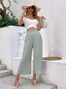 SHEIN Frenchy Women's Pleated Paper Bag Waist Allover Print Pants, Casual Holiday Long Trousers,Back To School Outfits,Fall Outfits,Office Wear,Commute,Minimalist,Old Money,Simple,Teacher Pants Winter Green - Mint Green - View 3