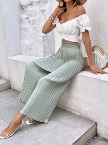 SHEIN Frenchy Women's Pleated Paper Bag Waist Allover Print Pants, Casual Holiday Long Trousers,Back To School Outfits,Fall Outfits,Office Wear,Commute,Minimalist,Old Money,Simple,Teacher Pants Winter Green - Mint Green - View 5