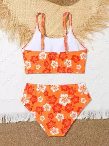 Tween Girl Floral Print Bikini Set Summer Beach - Orange - View 2