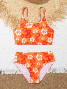 Tween Girl Floral Print Bikini Set Summer Beach - Orange - View 4