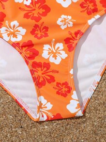 Tween Girl Floral Print Bikini Set Summer Beach - Orange - View 5