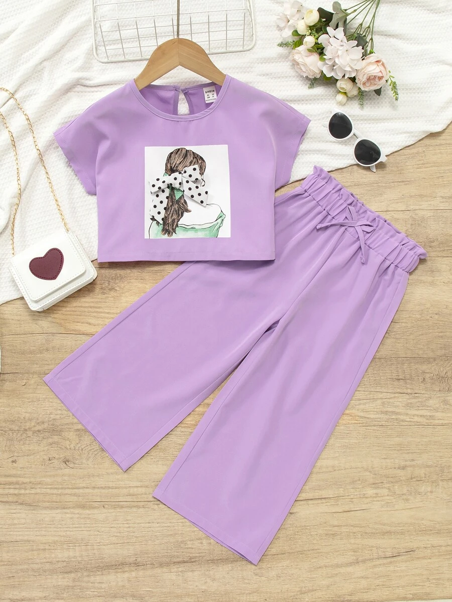SHEIN 小女童人像圖案蝙蝠袖T恤和紙袋腰前蝴蝶結長褲 - 紫色 - 查看 1
