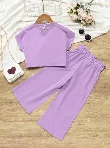 SHEIN 小女童人像圖案蝙蝠袖T恤和紙袋腰前蝴蝶結長褲 - 紫色 - 查看 2