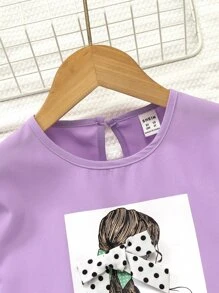 SHEIN 小女童人像圖案蝙蝠袖T恤和紙袋腰前蝴蝶結長褲 - 紫色 - 查看 3