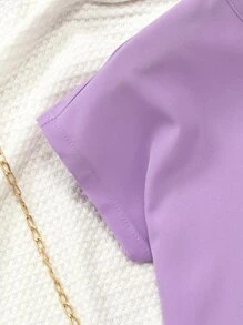 SHEIN 小女童人像圖案蝙蝠袖T恤和紙袋腰前蝴蝶結長褲 - 紫色 - 查看 5