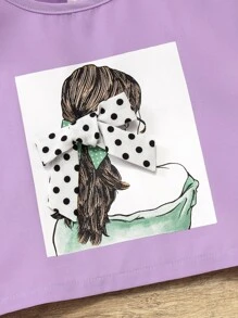 SHEIN 小女童人像圖案蝙蝠袖T恤和紙袋腰前蝴蝶結長褲 - 紫色 - 查看 8