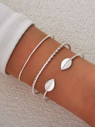 3pcs/set Fashion Leaf & Round Ball Decor Cuff Bangle For Women For Daily Decoration
