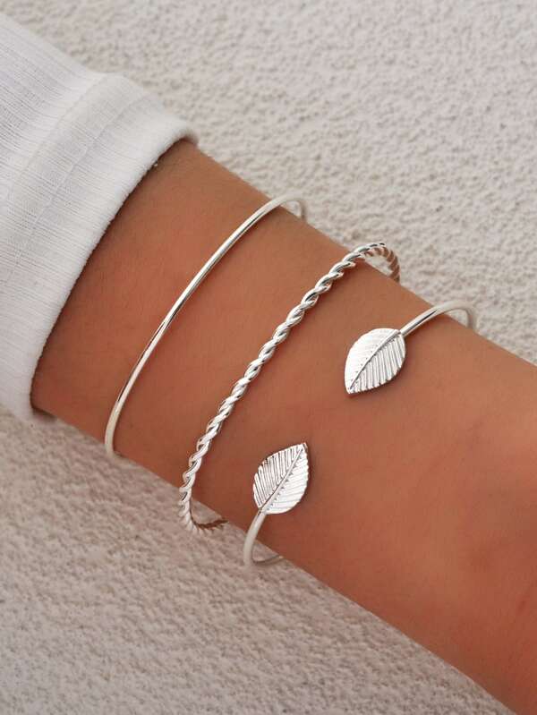 Mulheres 3 peças/conjunto Pulseira de manguito moda folha & decoração com bola redonda para decoração diária