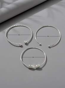 3入組/套時尚樹葉和圓球裝飾開口手鐲適合女士日常裝飾 - 銀色 - 查看 4