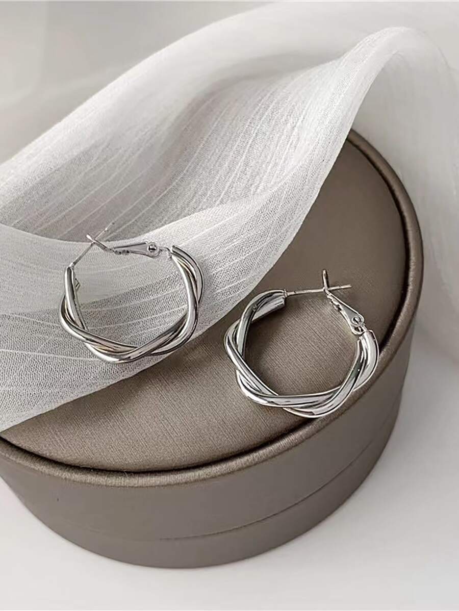 1 对奢华金属圆形耳环，简约优雅的设计，适合女性日常佩戴 - 銀色 - 查看 1