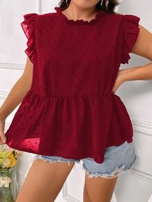SHEIN LUNE Plus Swiss Dot Ruffle Trim Peplum Blouse - Burgundy - View 3