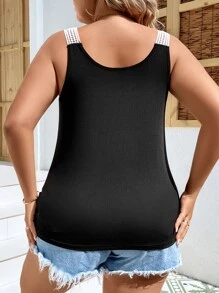 SHEIN LUNE Plus Contrast Tape Twist Hem Tank Top - Black - View 2