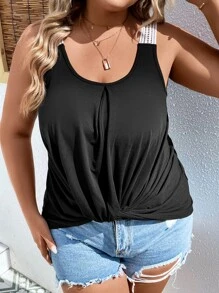 SHEIN LUNE Plus Contrast Tape Twist Hem Tank Top - Black - View 8
