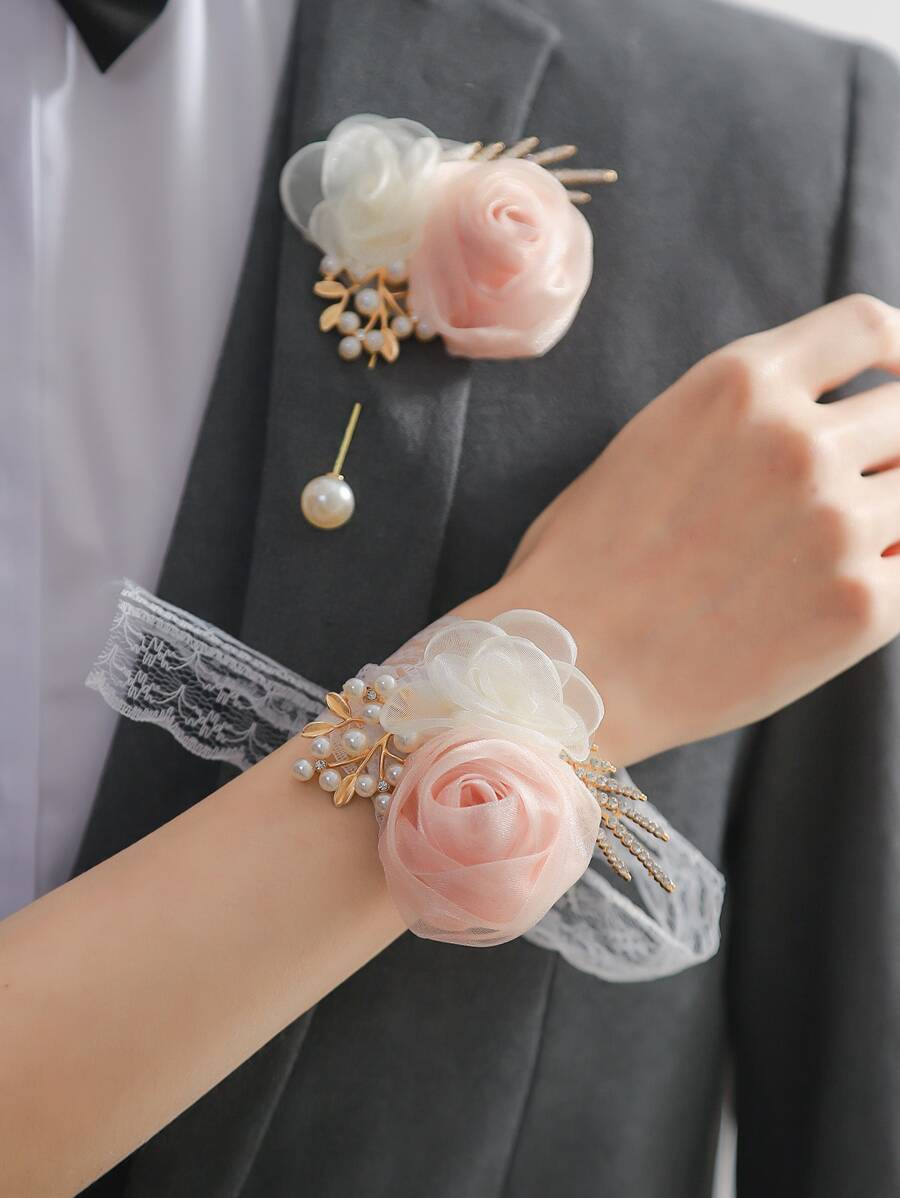 2入組女士花和人造珍珠裝飾浪漫手腕胸花和胸花 - 粉色 - 查看 1
