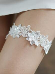 1件蕾丝花朵新娘吊袜带腿带，婚礼派对配饰（适合大腿周长：42-66厘米） - 白色 - 查看 5