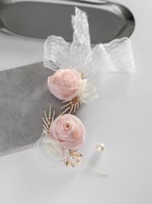 2入組女士花和人造珍珠裝飾浪漫手腕胸花和胸花 - 粉色 - 查看 2