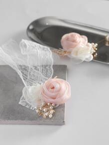 2入組女士花和人造珍珠裝飾浪漫手腕胸花和胸花 - 粉色 - 查看 3