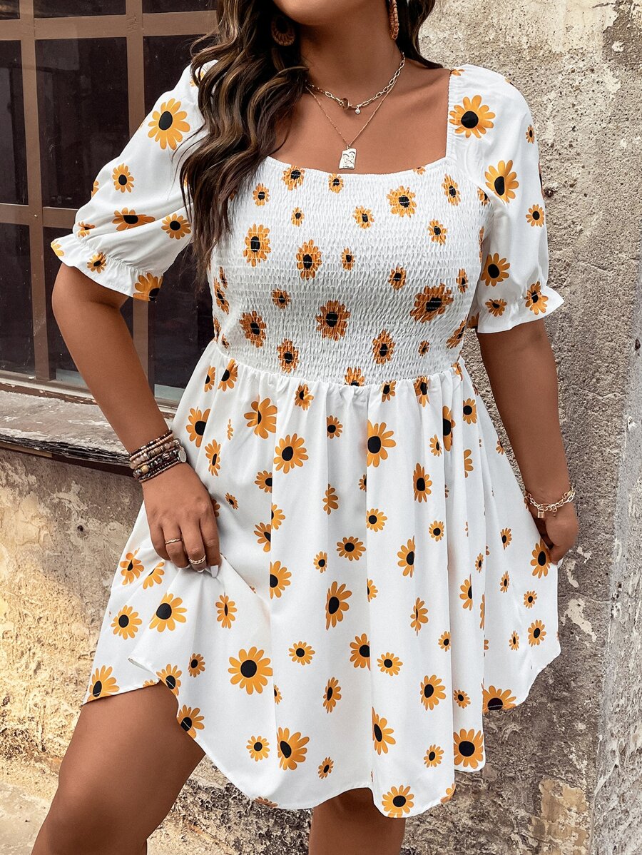 SHEIN Unity Plus Floral Print Shirred Detail Puff Sleeve Dress - White - View 1