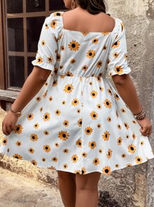 SHEIN Unity Plus Floral Print Shirred Detail Puff Sleeve Dress - White - View 2