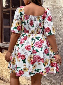 SHEIN Holidaya Plus Floral Print Sweetheart Neckline Dress - White - View 2