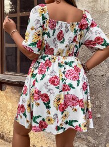 SHEIN Holidaya Plus Floral Print Sweetheart Neckline Dress - White - View 8