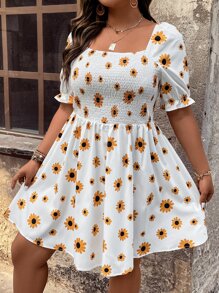 SHEIN Unity Plus Floral Print Shirred Detail Puff Sleeve Dress - White - View 6