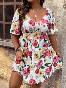 SHEIN Holidaya Plus Floral Print Sweetheart Neckline Dress - White - View 6