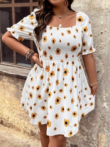 SHEIN Unity Plus Floral Print Shirred Detail Puff Sleeve Dress - White - View 7