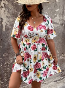 SHEIN Holidaya Plus Floral Print Sweetheart Neckline Dress - White - View 7