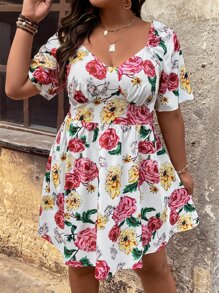 SHEIN Holidaya Plus Floral Print Sweetheart Neckline Dress - White - View 5