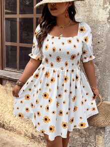 SHEIN Unity Plus Floral Print Shirred Detail Puff Sleeve Dress - White - View 8