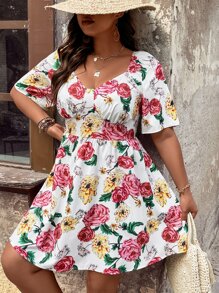 SHEIN Holidaya Plus Floral Print Sweetheart Neckline Dress - White - View 4