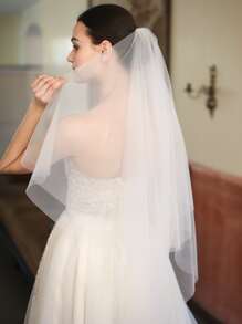 1pc Women Solid Layered Romantic Style Bridal Veil With Hair Comb