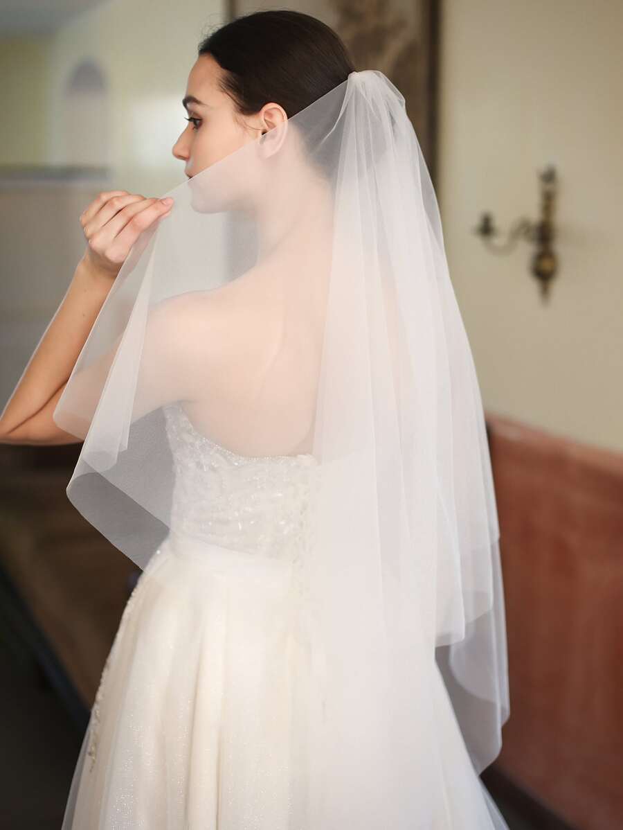 1pc Women Solid Layered Romantic Style Bridal Veil With Hair Comb