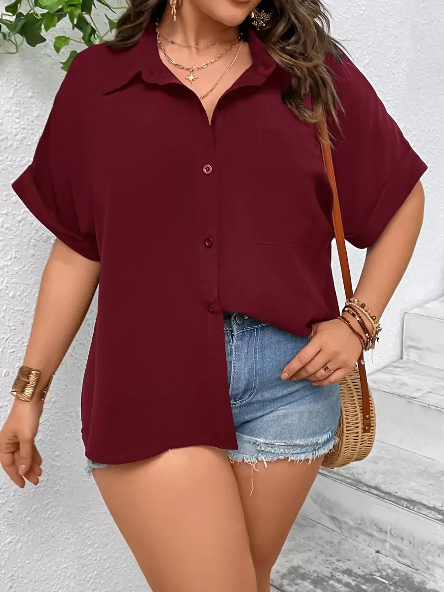 SHEIN LUNE Plus Batwing Sleeve Pocket Patched Button Front Shirt - Maroon - View 1