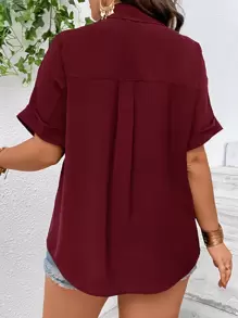 SHEIN LUNE Plus Batwing Sleeve Pocket Patched Button Front Shirt - Maroon - View 2