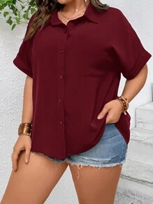 SHEIN LUNE Plus Batwing Sleeve Pocket Patched Button Front Shirt - Maroon - View 3